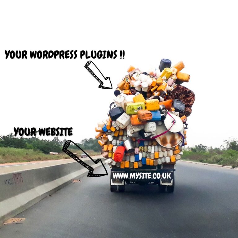 Image showing the back of a heavily overloaded lorry. The lorry is your website, all the stuff on top is the overloaded website plugins.