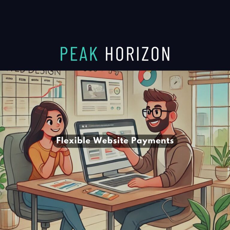 Flexible Website Payments. Cartoon of two people sitting at a desk in a friendly manner.