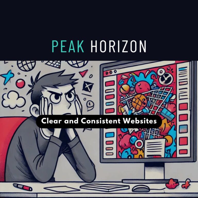 Cartoon person sitting looking frustrated at a PC screen with a crazy OTT looking website on display. Clear and consistent web design.