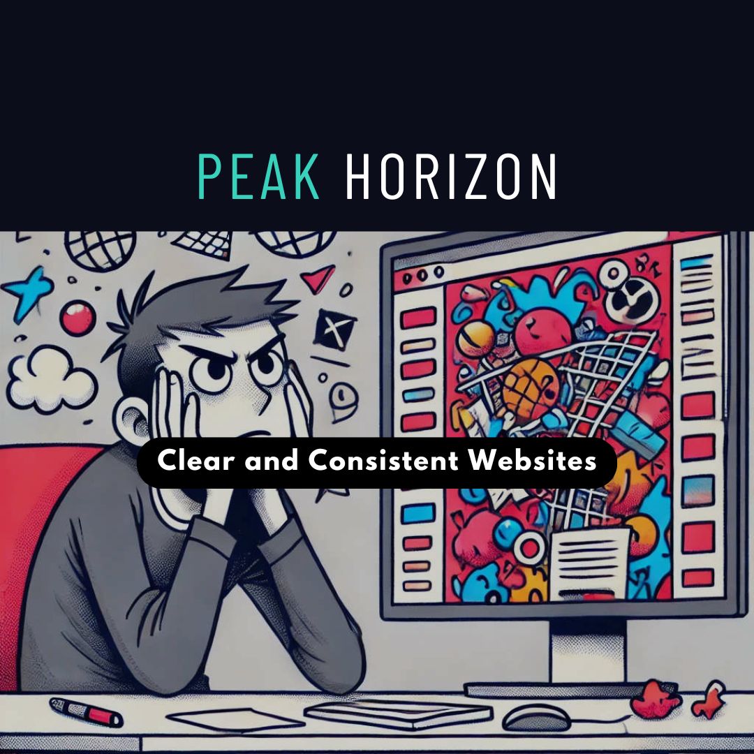Cartoon person sitting looking frustrated at a PC screen with a crazy OTT looking website on display. Clear and consistent web design.